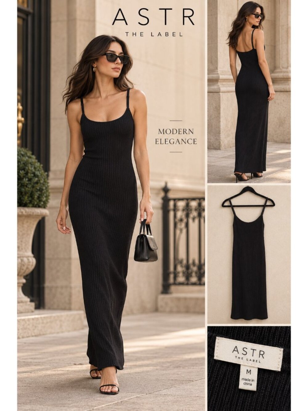 ASTR The Label Black Ribbed Knit Maxi Dress M Adjustable Straps Bodycon Minimali